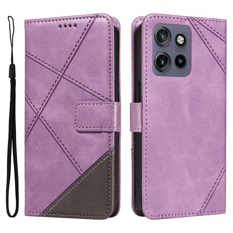 For Motorola Edge 50 Neo 5G Case Leather Geometric Line Wallet Phone Cover with Wrist Strap - Purple
