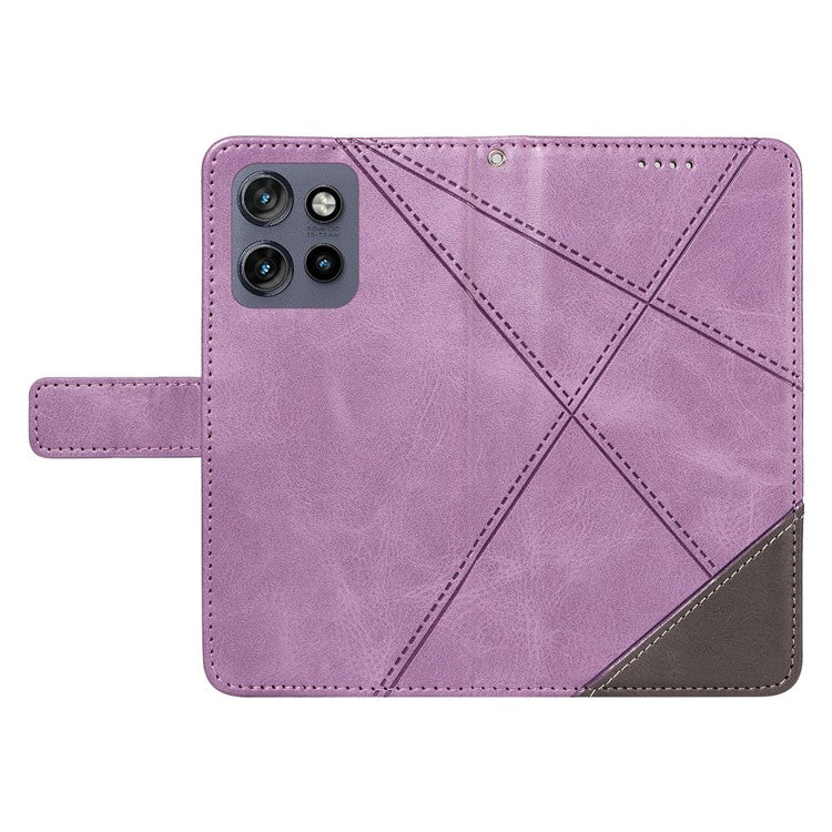 For Motorola Edge 50 Neo 5G Case Leather Geometric Line Wallet Phone Cover with Wrist Strap - Purple