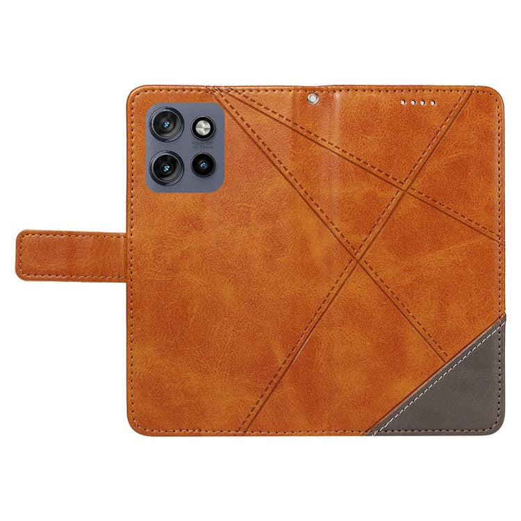 For Motorola Edge 50 Neo 5G Case Leather Geometric Line Wallet Phone Cover with Wrist Strap - Brown