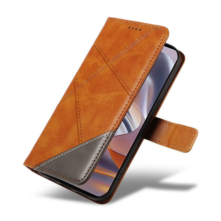 For Motorola Edge 50 Neo 5G Case Leather Geometric Line Wallet Phone Cover with Wrist Strap - Brown