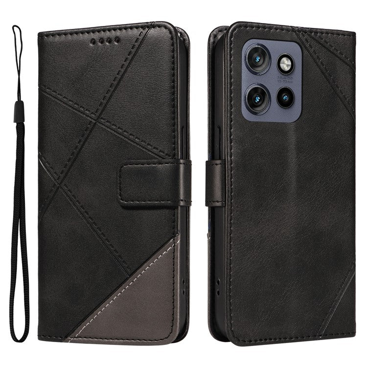 For Motorola Edge 50 Neo 5G Case Leather Geometric Line Wallet Phone Cover with Wrist Strap - Black