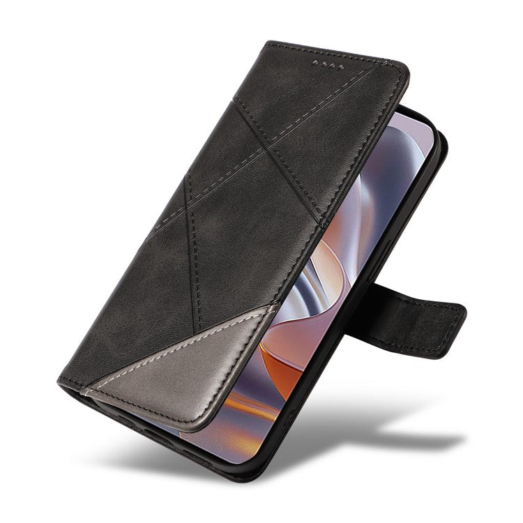 For Motorola Edge 50 Neo 5G Case Leather Geometric Line Wallet Phone Cover with Wrist Strap - Black