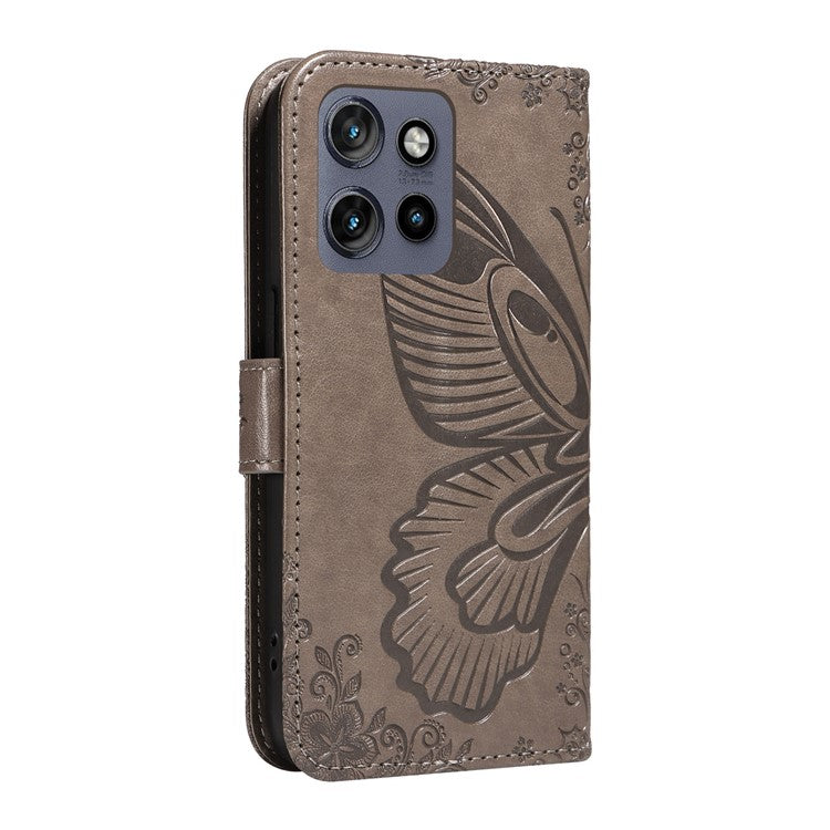 For Motorola Edge 50 Neo 5G / Moto S50 5G / Thinkphone 25 5G Case Butterfly Pattern Leather Wallet Flip Phone Cover - Grey