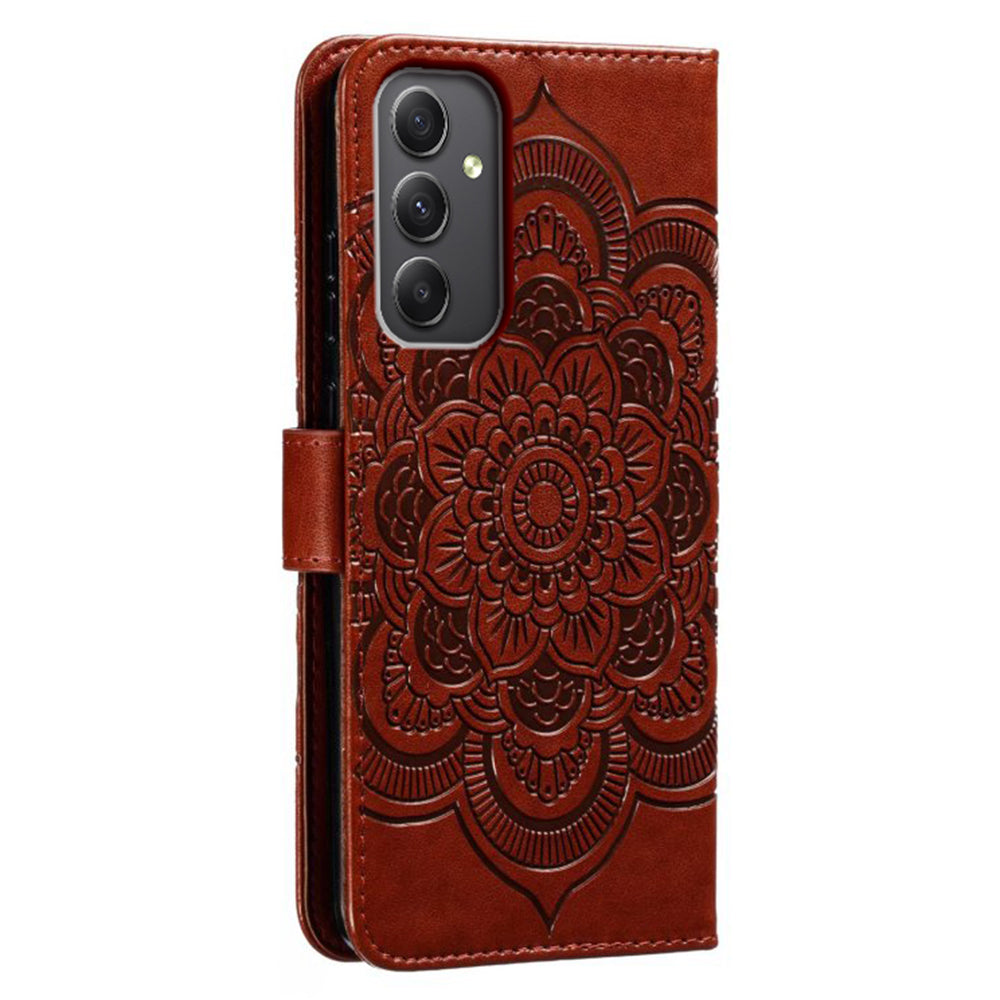 For Samsung Galaxy A16 5G / A16 4G Case PU Leather Mandala Imprinted Design Wallet Phone Cover - Brown