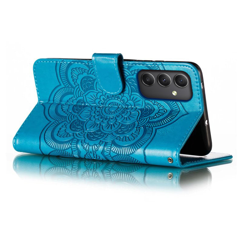 For Samsung Galaxy A16 5G / A16 4G Case PU Leather Mandala Imprinted Design Wallet Phone Cover - Blue