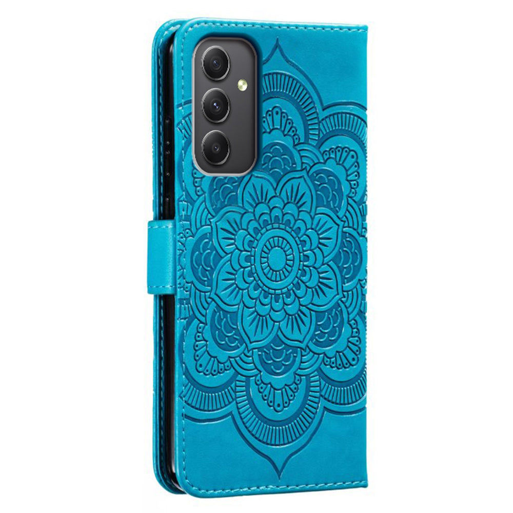 For Samsung Galaxy A16 5G / A16 4G Case PU Leather Mandala Imprinted Design Wallet Phone Cover - Blue