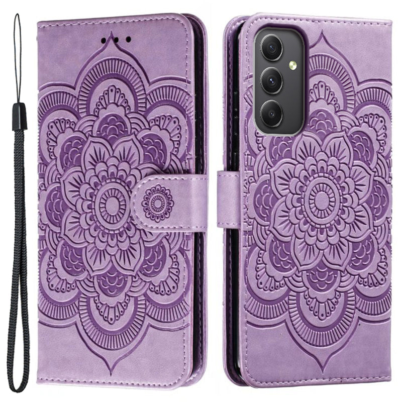 For Samsung Galaxy A16 5G / A16 4G Case PU Leather Mandala Imprinted Design Wallet Phone Cover - Purple
