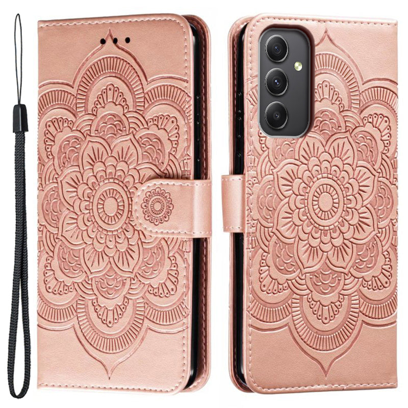 For Samsung Galaxy A16 5G / A16 4G Case PU Leather Mandala Imprinted Design Wallet Phone Cover - Rose Gold