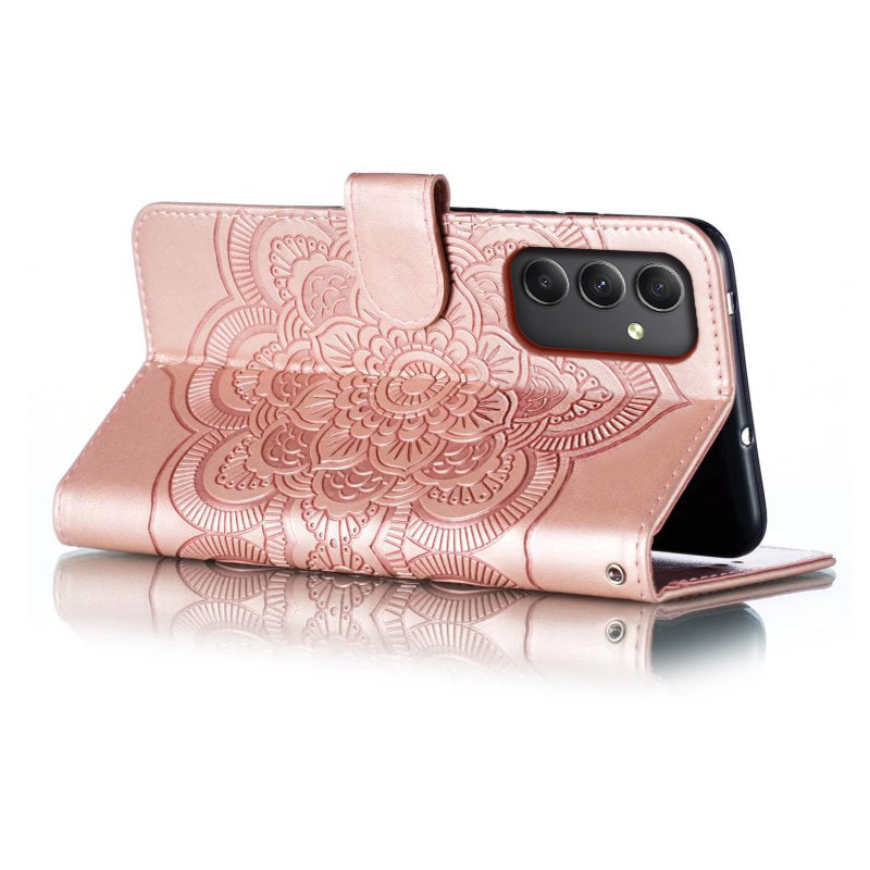 For Samsung Galaxy A16 5G / A16 4G Case PU Leather Mandala Imprinted Design Wallet Phone Cover - Rose Gold