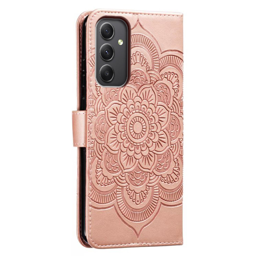 For Samsung Galaxy A16 5G / A16 4G Case PU Leather Mandala Imprinted Design Wallet Phone Cover - Rose Gold