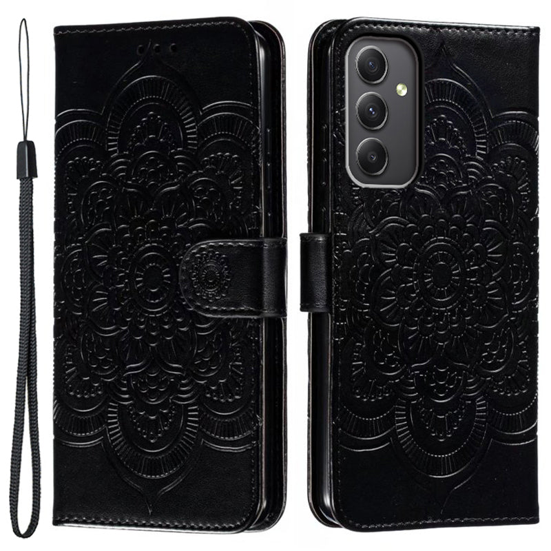 For Samsung Galaxy A16 5G / A16 4G Case PU Leather Mandala Imprinted Design Wallet Phone Cover - Black