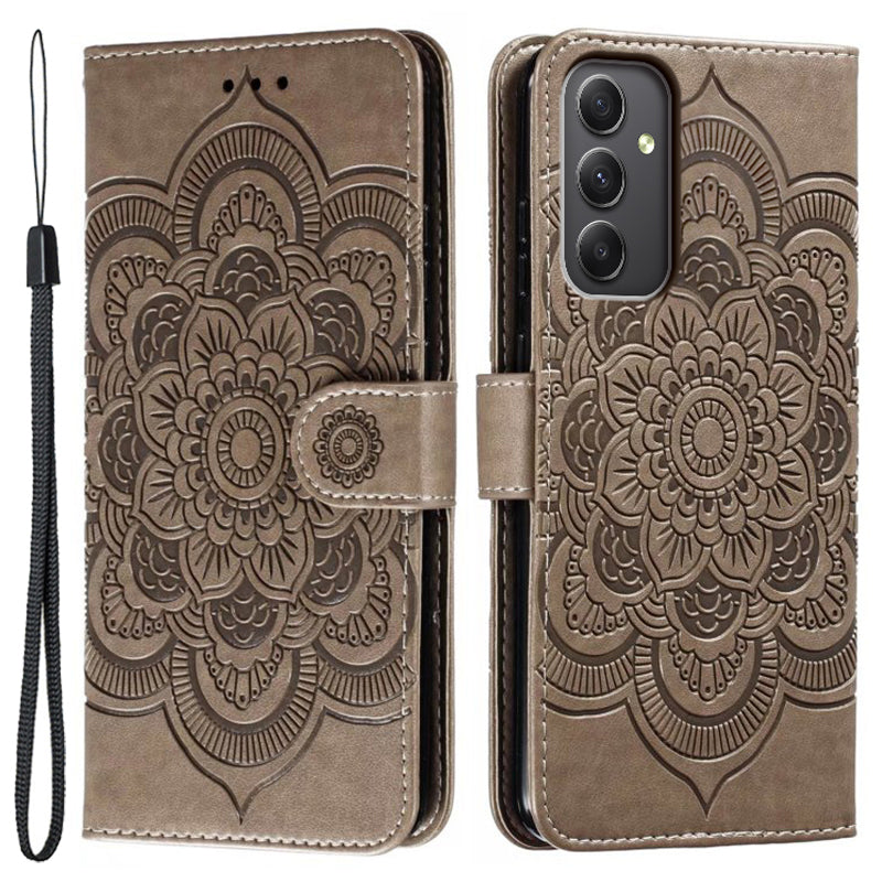 For Samsung Galaxy A16 5G / A16 4G Case PU Leather Mandala Imprinted Design Wallet Phone Cover - Grey