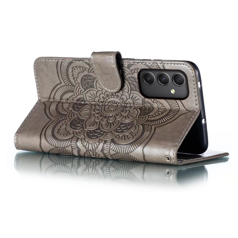 For Samsung Galaxy A16 5G / A16 4G Case PU Leather Mandala Imprinted Design Wallet Phone Cover - Grey
