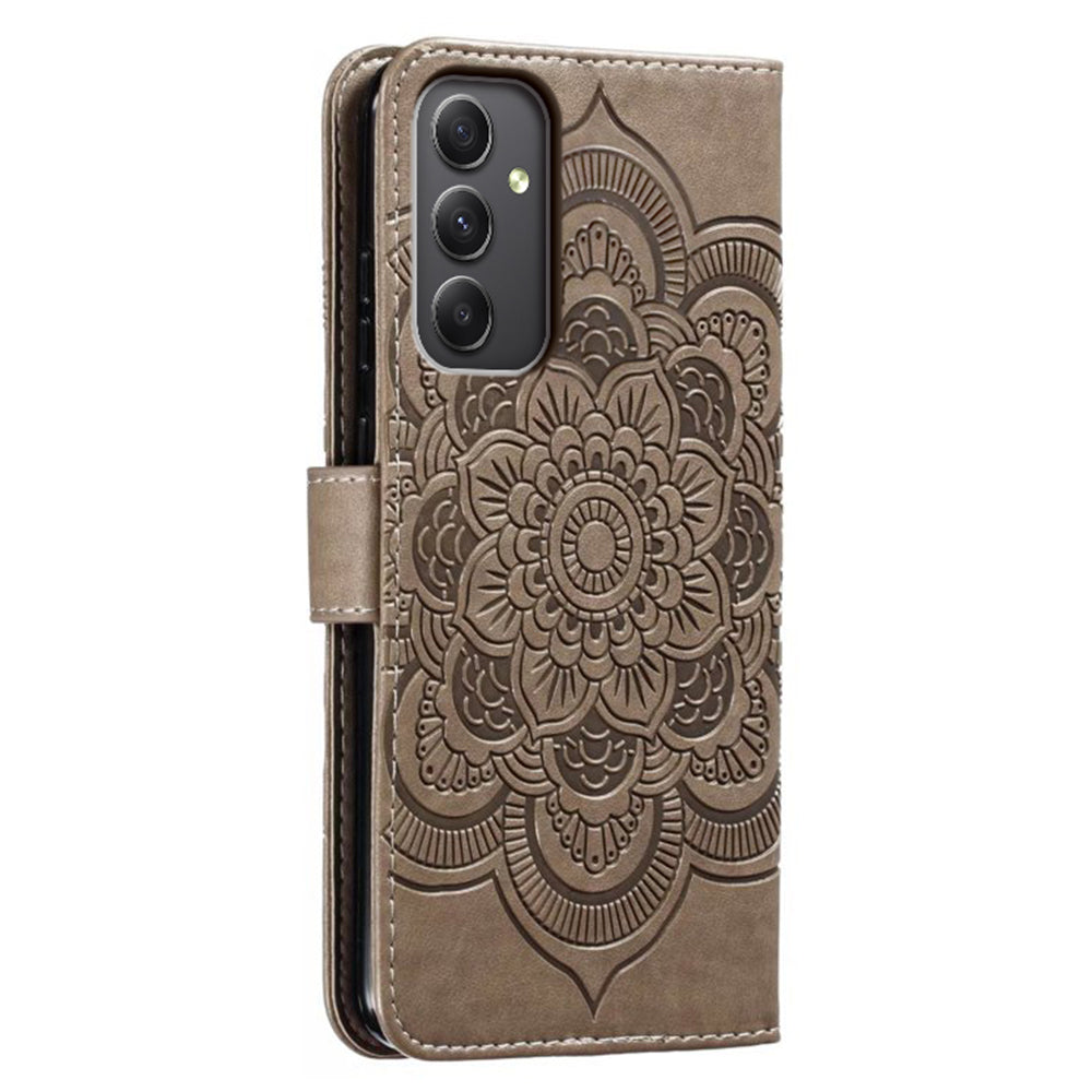 For Samsung Galaxy A16 5G / A16 4G Case PU Leather Mandala Imprinted Design Wallet Phone Cover - Grey