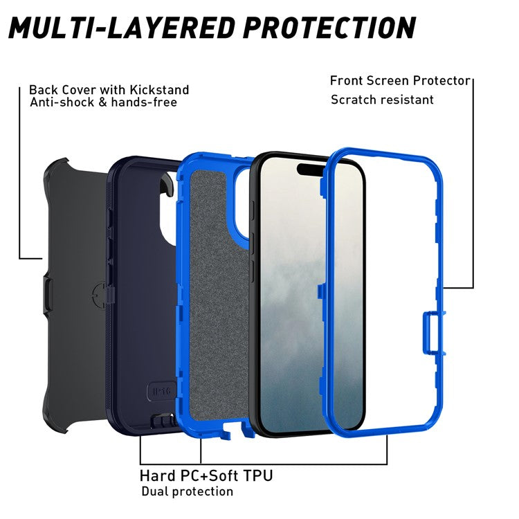For iPhone 16 Case Detachable PC+TPU Drop-Proof Back Cover - Dark Blue