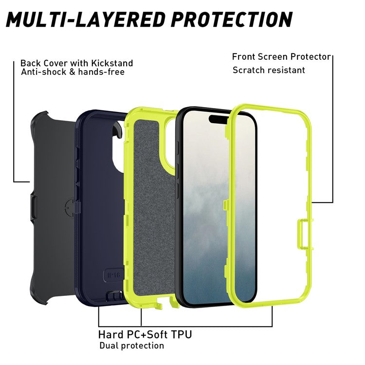For iPhone 16 Plus Case Detachable PC+TPU Drop-Proof Back Cover - Dark Grey+Green