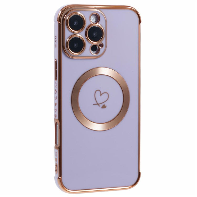 For iPhone 16 Pro Case Compatible with MagSafe Electroplated Love Hearts TPU Phone Cover with Chain Strap - Purple