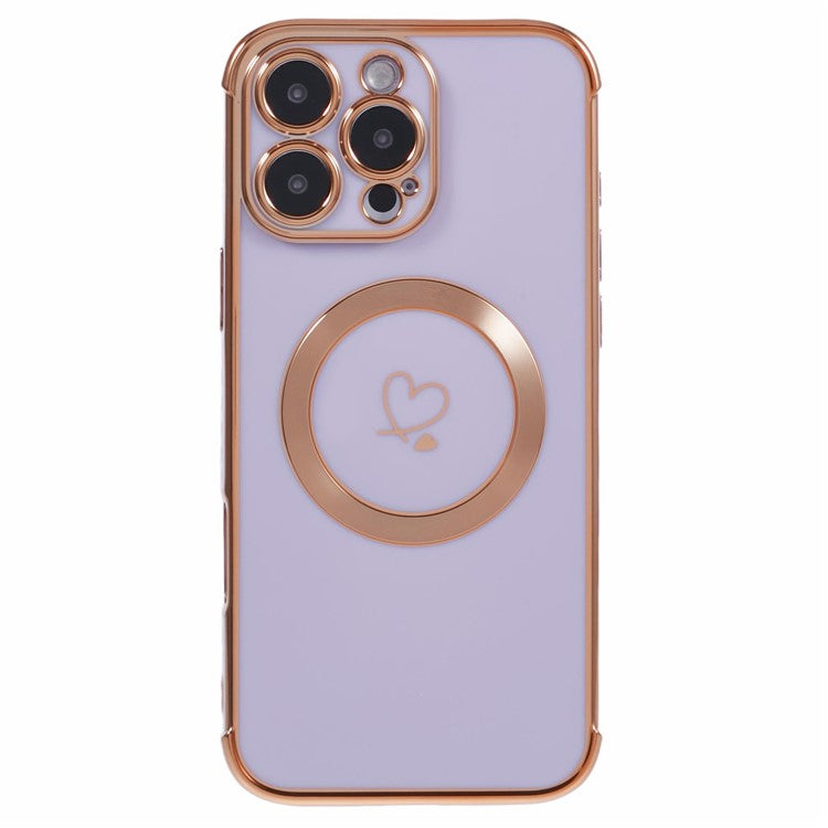 For iPhone 16 Pro Case Compatible with MagSafe Electroplated Love Hearts TPU Phone Cover with Chain Strap - Purple