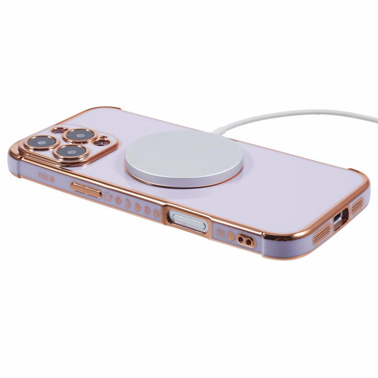For iPhone 16 Pro Case Compatible with MagSafe Electroplated Love Hearts TPU Phone Cover with Chain Strap - Purple