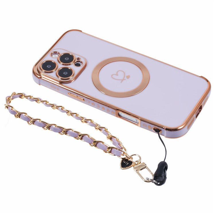 For iPhone 16 Pro Case Compatible with MagSafe Electroplated Love Hearts TPU Phone Cover with Chain Strap - Purple