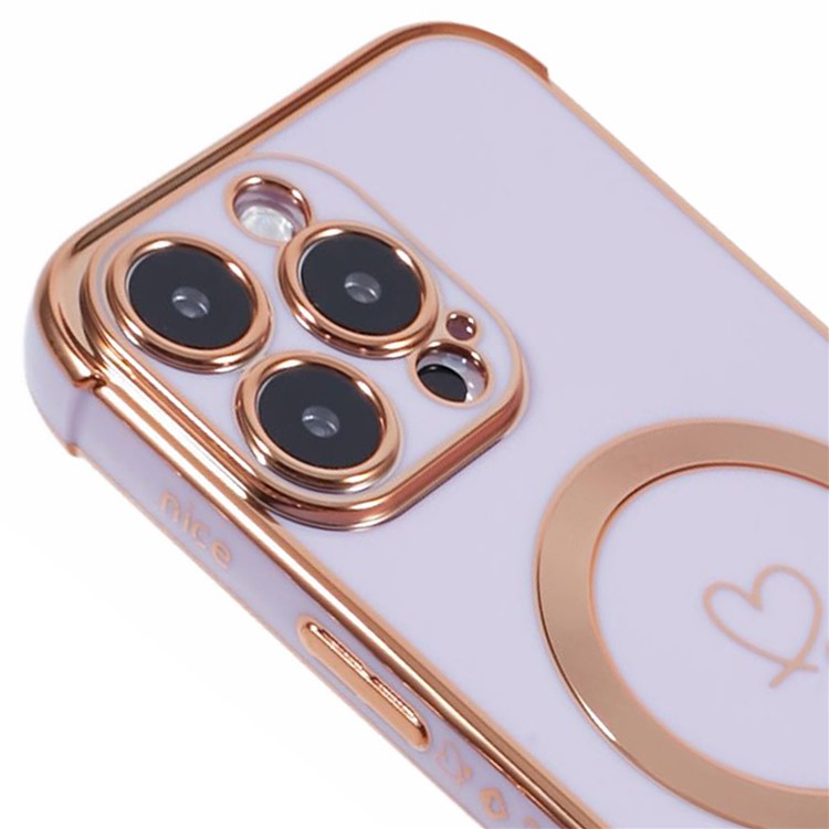 For iPhone 16 Pro Case Compatible with MagSafe Electroplated Love Hearts TPU Phone Cover with Chain Strap - Purple