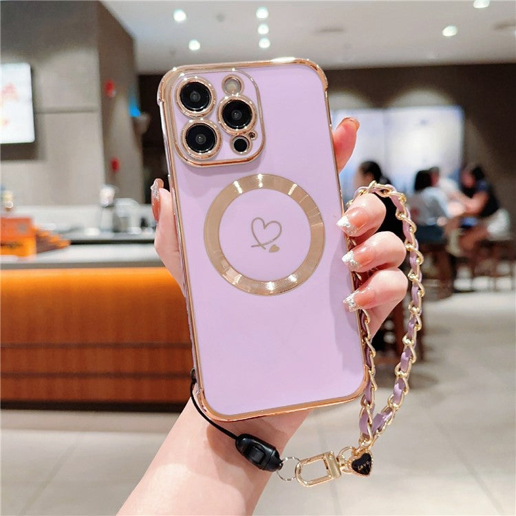 For iPhone 16 Pro Case Compatible with MagSafe Electroplated Love Hearts TPU Phone Cover with Chain Strap - Purple
