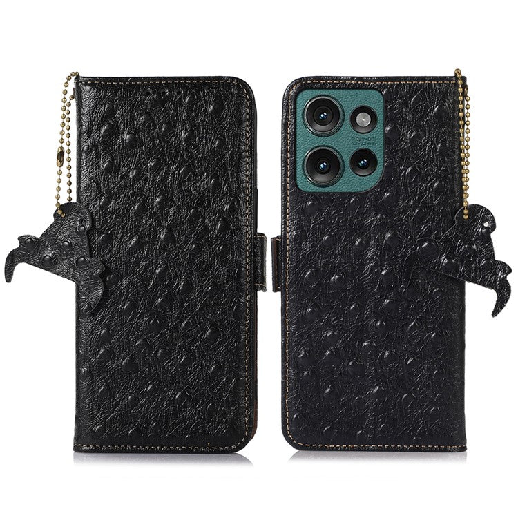 For Motorola Edge 50 Neo 5G / Moto S50 5G / Thinkphone 25 5G Case RFID Blocking Genuine Cow Leather Phone Case Ostrich Texture - Black