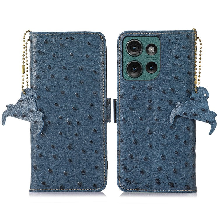 For Motorola Edge 50 Neo 5G / Moto S50 5G / Thinkphone 25 5G Case RFID Blocking Genuine Cow Leather Phone Case Ostrich Texture - Blue