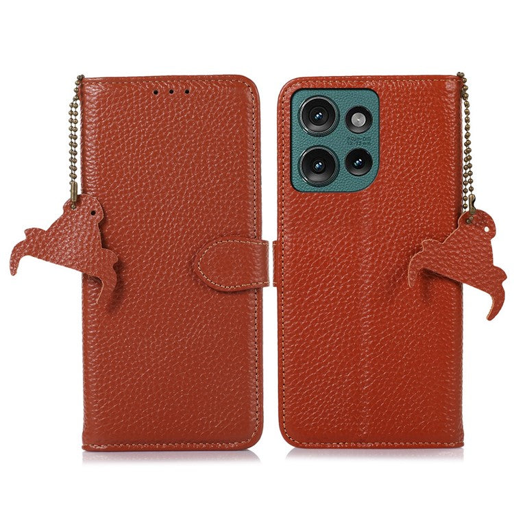 For Motorola Edge 50 Neo 5G / Moto S50 5G / Thinkphone 25 5G Case RFID Blocking Litchi Texture Genuine Cow Leather Phone Cover - Brown