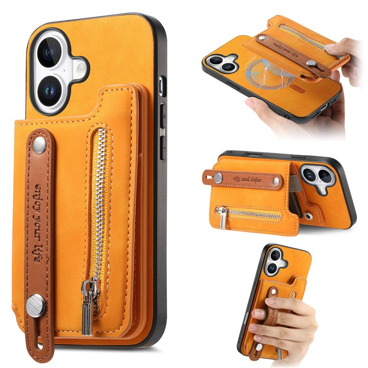 For iPhone 16 Case Zipper Card Holder Leather+TPU+PC Phone Cover 2-in-1 Magnetic Detachable - Orange