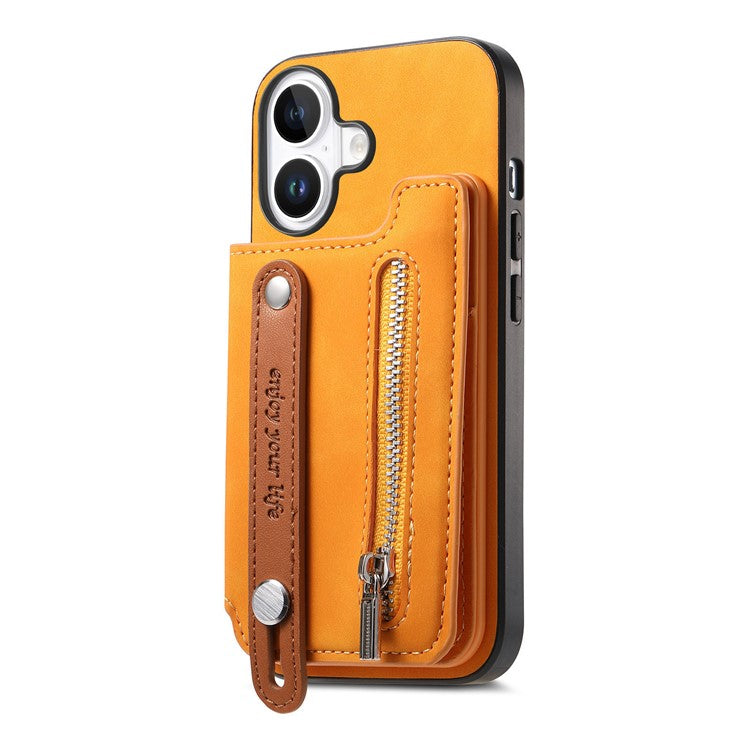 For iPhone 16 Case Zipper Card Holder Leather+TPU+PC Phone Cover 2-in-1 Magnetic Detachable - Orange