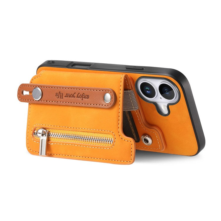 For iPhone 16 Case Zipper Card Holder Leather+TPU+PC Phone Cover 2-in-1 Magnetic Detachable - Orange