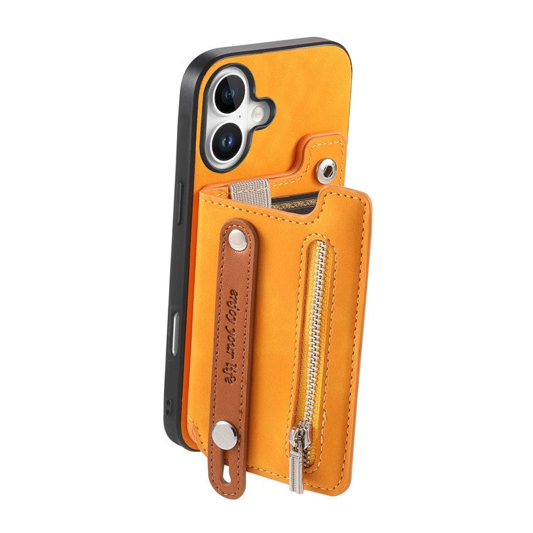 For iPhone 16 Case Zipper Card Holder Leather+TPU+PC Phone Cover 2-in-1 Magnetic Detachable - Orange