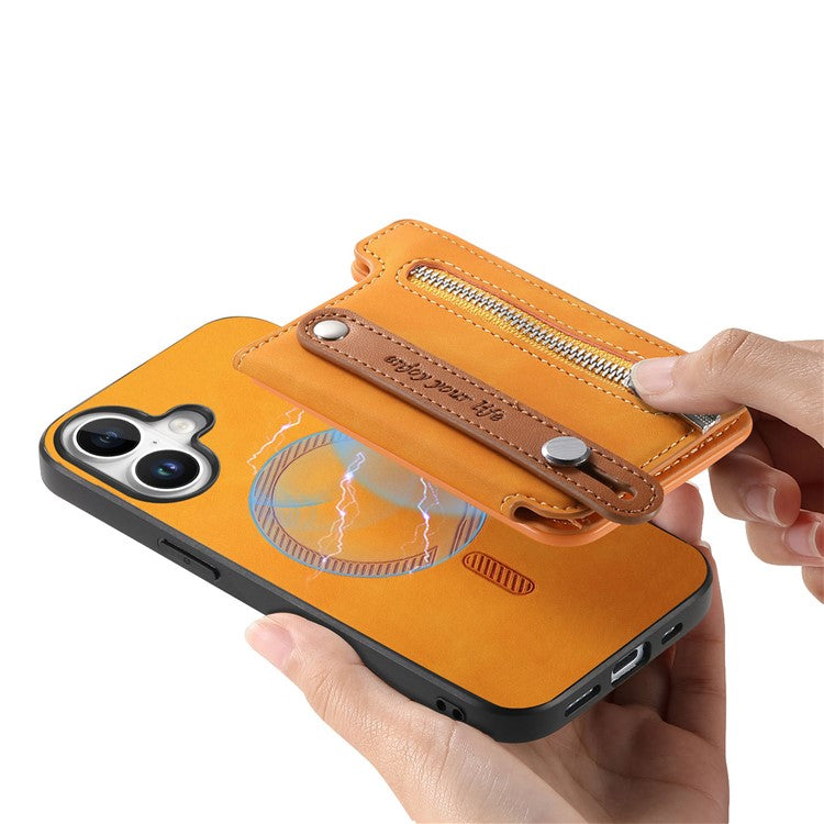 For iPhone 16 Case Zipper Card Holder Leather+TPU+PC Phone Cover 2-in-1 Magnetic Detachable - Orange
