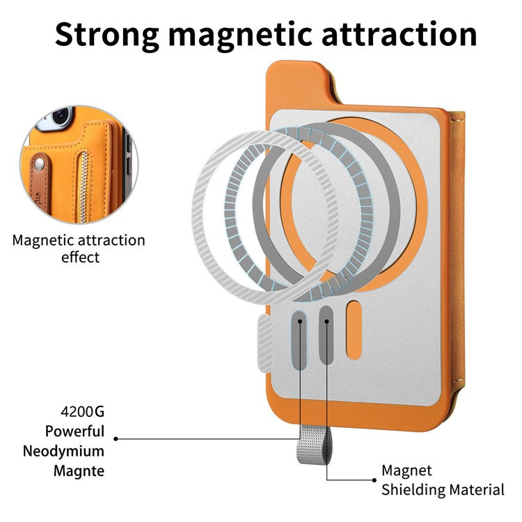 For iPhone 16 Case Zipper Card Holder Leather+TPU+PC Phone Cover 2-in-1 Magnetic Detachable - Orange