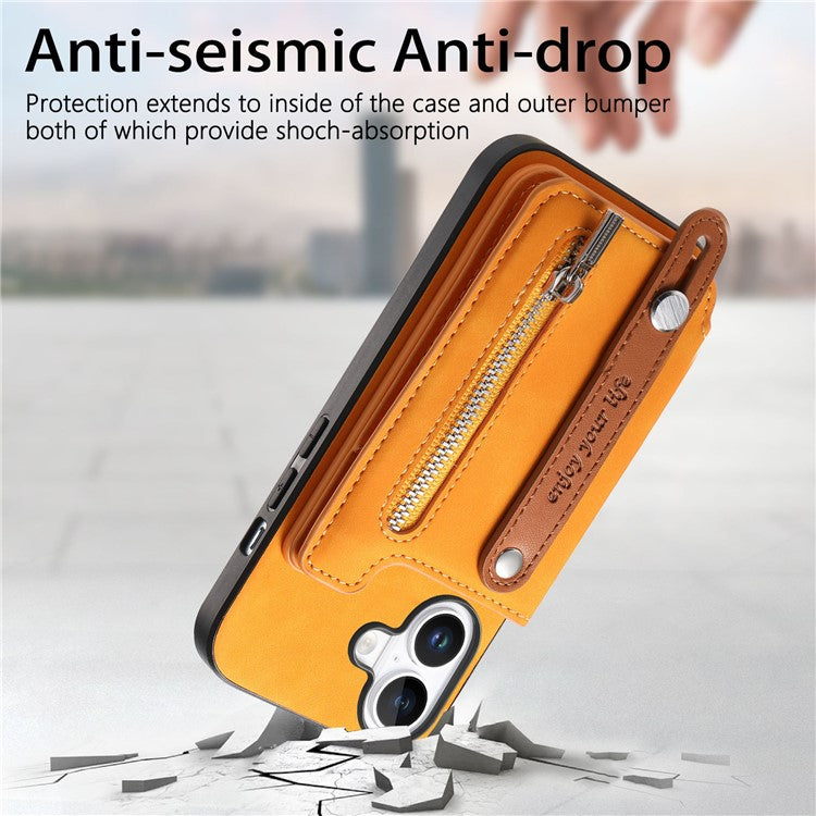 For iPhone 16 Case Zipper Card Holder Leather+TPU+PC Phone Cover 2-in-1 Magnetic Detachable - Orange