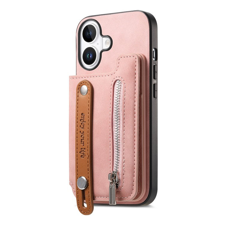 For iPhone 16 Case Zipper Card Holder Leather+TPU+PC Phone Cover 2-in-1 Magnetic Detachable - Pink
