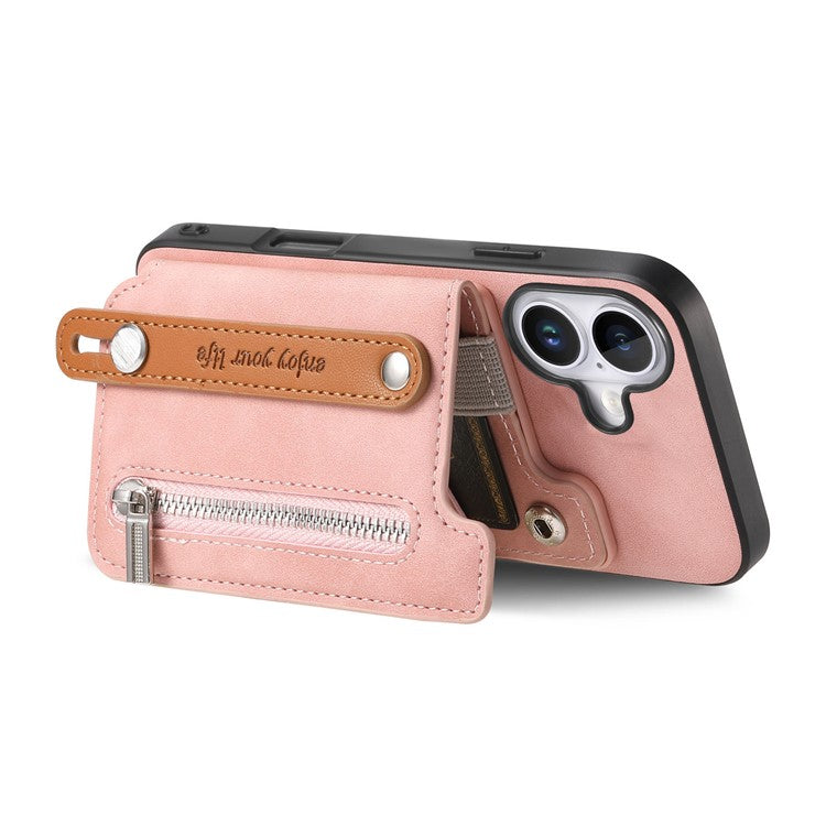 For iPhone 16 Case Zipper Card Holder Leather+TPU+PC Phone Cover 2-in-1 Magnetic Detachable - Pink