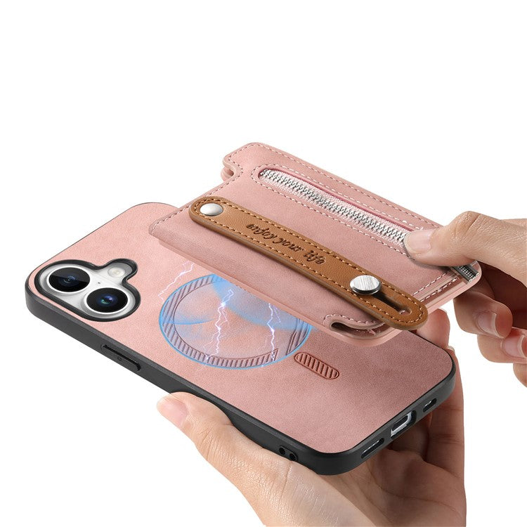 For iPhone 16 Case Zipper Card Holder Leather+TPU+PC Phone Cover 2-in-1 Magnetic Detachable - Pink