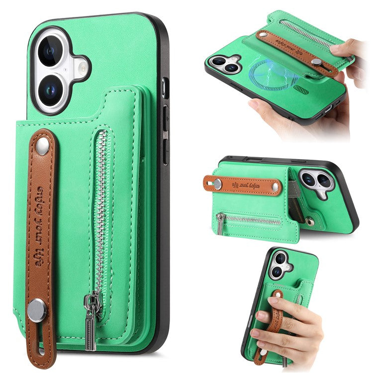 For iPhone 16 Case Zipper Card Holder Leather+TPU+PC Phone Cover 2-in-1 Magnetic Detachable - Green