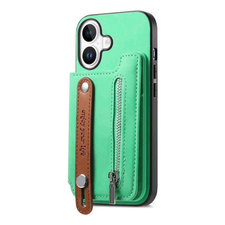For iPhone 16 Case Zipper Card Holder Leather+TPU+PC Phone Cover 2-in-1 Magnetic Detachable - Green