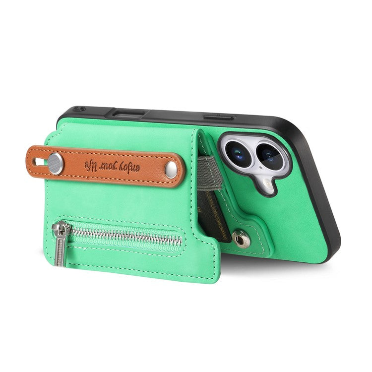 For iPhone 16 Case Zipper Card Holder Leather+TPU+PC Phone Cover 2-in-1 Magnetic Detachable - Green