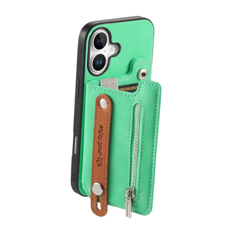 For iPhone 16 Case Zipper Card Holder Leather+TPU+PC Phone Cover 2-in-1 Magnetic Detachable - Green