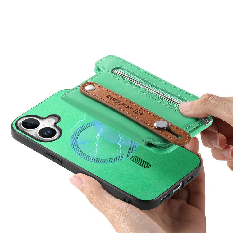 For iPhone 16 Case Zipper Card Holder Leather+TPU+PC Phone Cover 2-in-1 Magnetic Detachable - Green