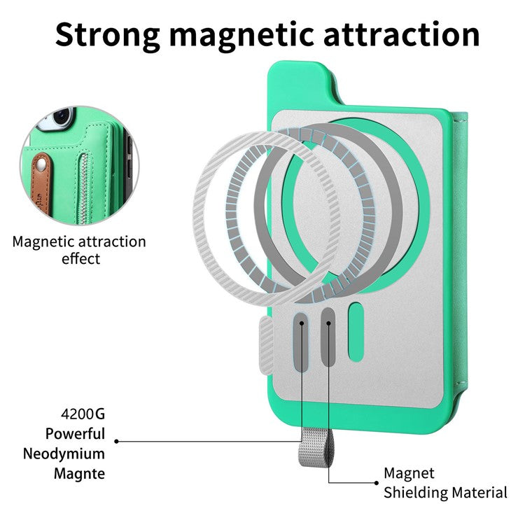 For iPhone 16 Case Zipper Card Holder Leather+TPU+PC Phone Cover 2-in-1 Magnetic Detachable - Green