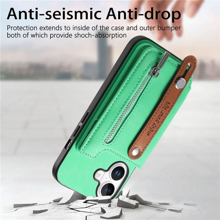 For iPhone 16 Case Zipper Card Holder Leather+TPU+PC Phone Cover 2-in-1 Magnetic Detachable - Green