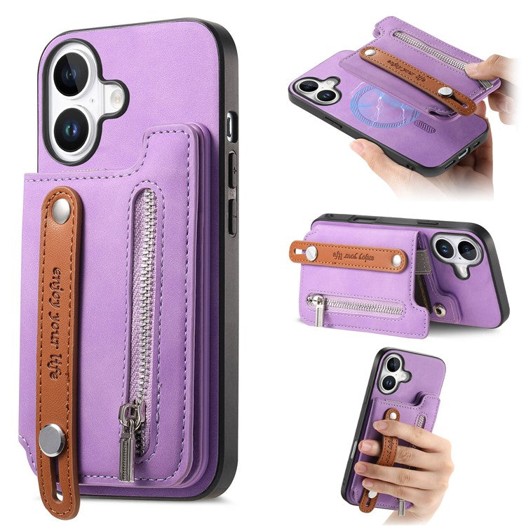 For iPhone 16 Plus Case Zipper Card Holder Leather+TPU+PC Phone Cover 2-in-1 Magnetic Detachable - Purple