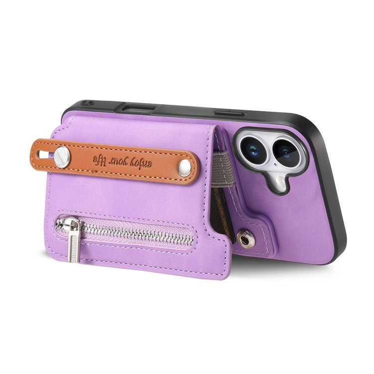 For iPhone 16 Plus Case Zipper Card Holder Leather+TPU+PC Phone Cover 2-in-1 Magnetic Detachable - Purple