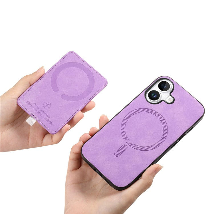 For iPhone 16 Case Ring Kickstand Leather+TPU+PC Phone Cover Detachable 2-in-1 Card Holder - Purple