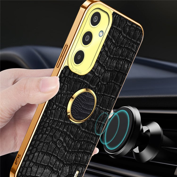 For Samsung Galaxy M35 5G Case Finger Ring Kickstand TPU+Leather 6D Electroplating Phone Cover - White